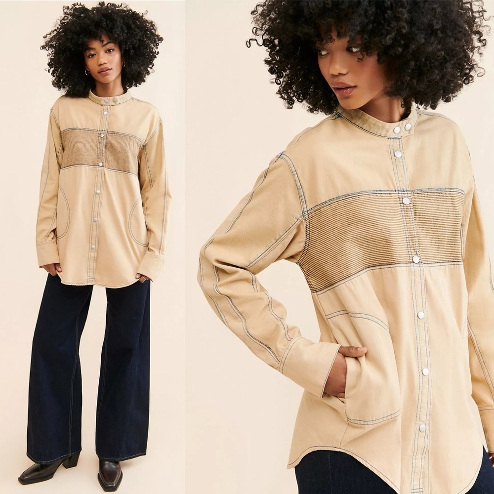 FREE PEOPLE x We The Free Moto Color Block Shirt in Sand Jam XS Denim Chambray
